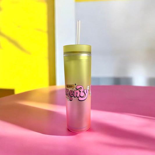 “Brb, having a menty B” Yellow & pink plastic cup