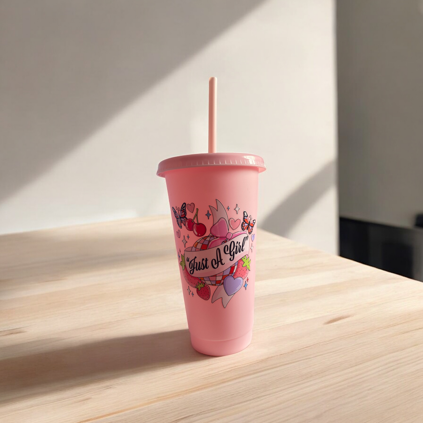 “Just a girl” Pink plastic cup