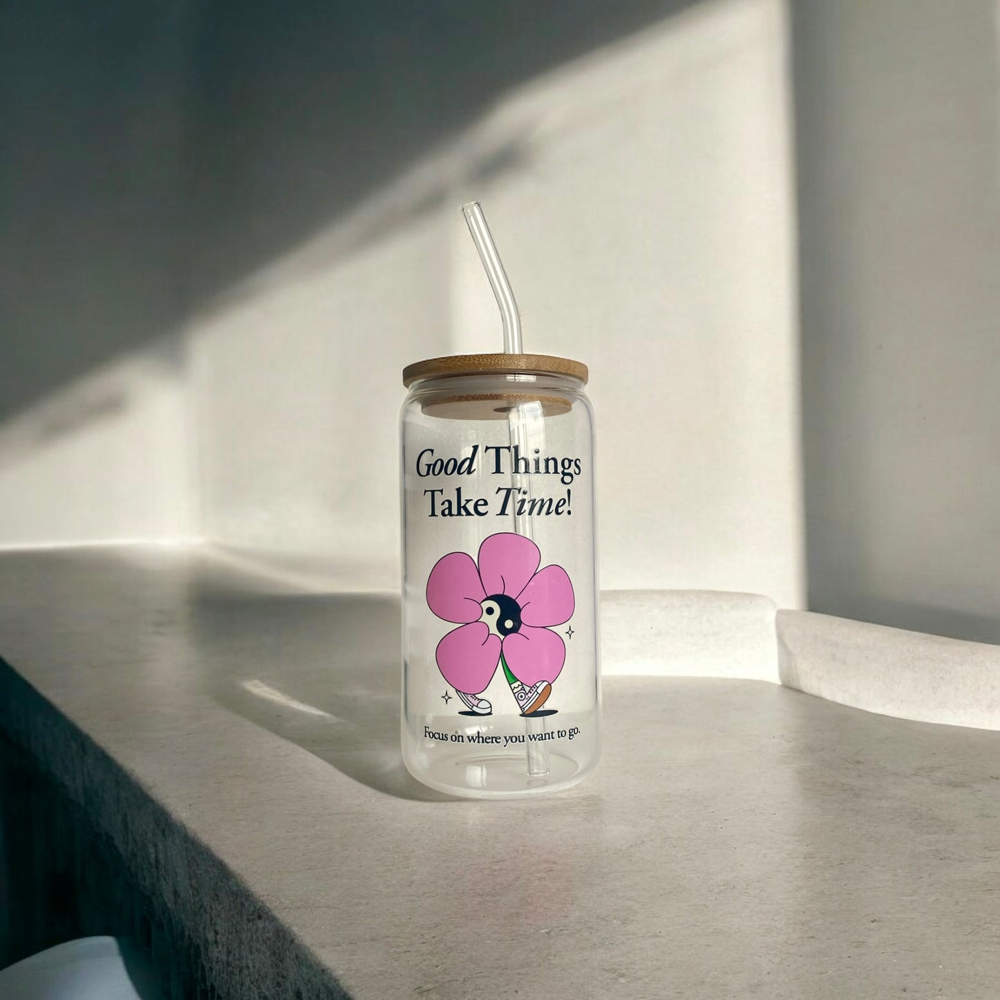 “Good things take time” glass cup